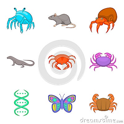 Study of fauna icons set, cartoon style Vector Illustration