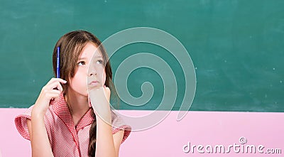 Study hard. Count in mind. Kid thoughtful face make decision. Child pensive face thinking. Girl make hard decision or Stock Photo