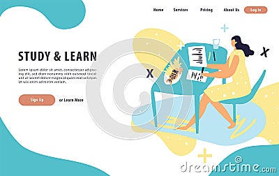 Study and learn concept with female in learning desk doing homework. Landing modern page template vector illustration - Vector Vector Illustration