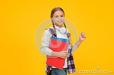 Study lessons for exam. find inspiration in music. Enjoying elearning. modern education concept. little girl in Stock Photo