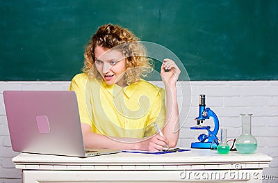 Study microbiology. Investigate molecular modifications. Scientific research. Microbiology concept. Student girl with Stock Photo