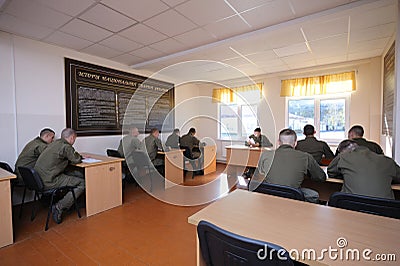 At the study room. Recruits learning statute of army. Novo-Petrivtsi military base, Ukraine Editorial Stock Photo