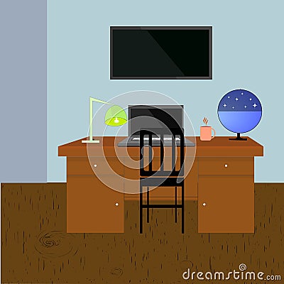 Study Room Vector Illustration. Vector interior of study room with wooden floor, screen monitor on the wall, computer table Vector Illustration