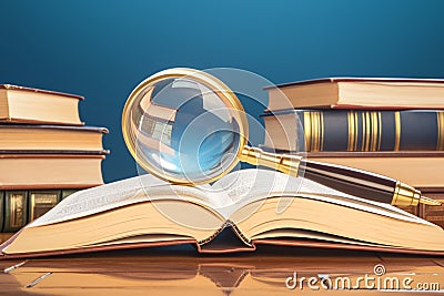 Study scene Open book and magnifying glass in a library Stock Photo