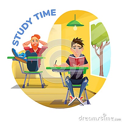 Study Time Poster with Cartoon Students at Lecture Stock Photo