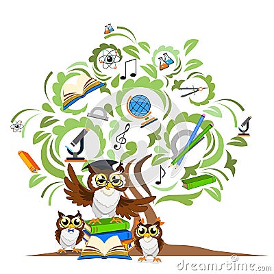 Study the tree and cheerful owls Vector Illustration