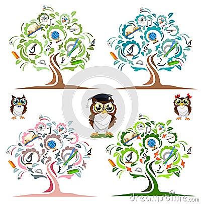 Study the tree and cheerful owls Vector Illustration