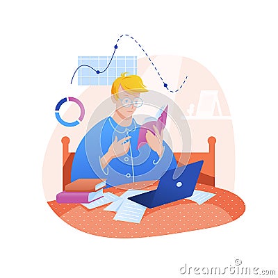 Study, work at home flat vector illustration, cartoon young man student character studying from books, doing homework on Vector Illustration