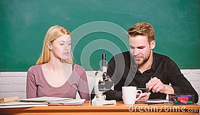 Studying in college or university. Biology lesson. Students studying university. Genetics and engineering. Difficult Stock Photo