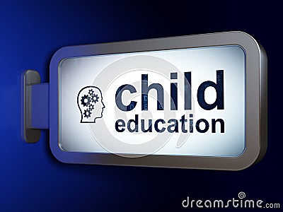 Studying concept: Child Education and Head With Gears on billboard background Stock Photo