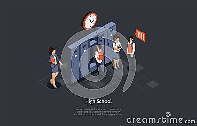Studying And Education Concept. High School Break Isometric Composition. Male And Female Characters Of Students Vector Illustration