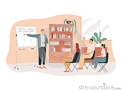 Studying English. A teacher at the whiteboard explains the grammar to the pupils Vector Illustration