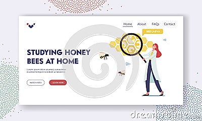 Studying Honey Bees at Home, Apiary Landing Page Template. Tiny Scientist with Huge Magnifying Glass Learning Bees Larva Vector Illustration