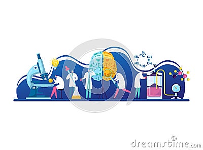 Studying human brain, character neurosurgeon doctor research cerebrum, tiny research fellow flat vector illustration Cartoon Illustration