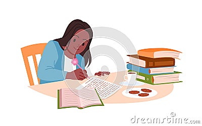 Studying kid student writing on paper sheet, education scene with girl sitting at table Vector Illustration