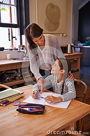 Studying, mother and daughter with books for help, advice and happy for homework with education. Mom, girl and notebook Stock Photo