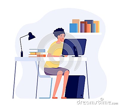 Studying process. Student reading at desk, online learning. Girl study homework on computer. Science worker or teacher Vector Illustration