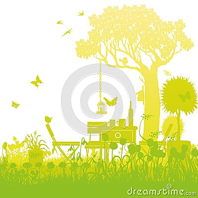 Garden chairs and table for a break under the tree in the garden Vector Illustration