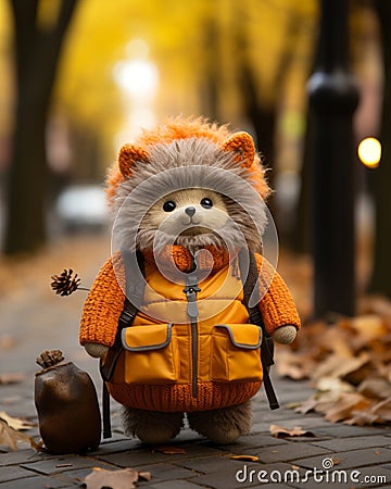 a stuffed animal wearing an orange coat Stock Photo