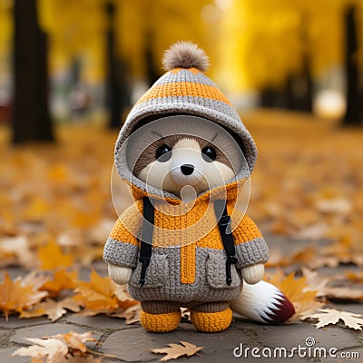 a stuffed animal wearing an orange and gray sweater Stock Photo