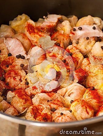 Stuffed cabbage meat rolls romanian sarmale, raw meat, cabbage, bacon, dill, pepper, laurel waiting to be cooked Stock Photo