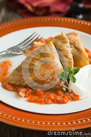 Stuffed cabbage rolls with sour cream Stock Photo
