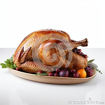 stuffed cooked thanksgiving turkey, on white background Stock Photo