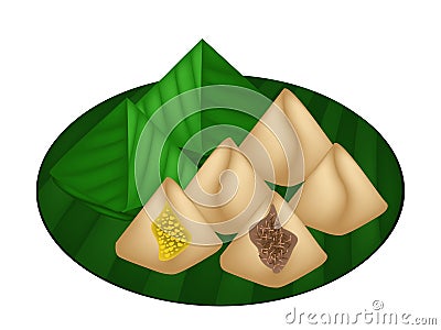Stuffed Dough Pyramid Dessert Wrapped in Banana Leaf Vector Illustration