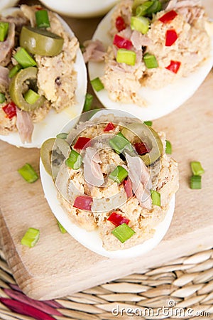 Stuffed eggs with tuna, olives and paprica Stock Photo