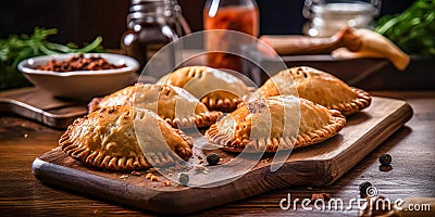 Stuffed empanadas, freshly baked and ready to serve. Stock Photo