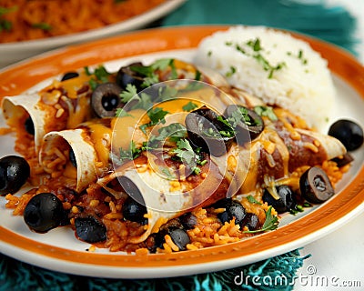 Stuffed enchiladas with rice and black olives on a plate, mexican dishes picture Stock Photo