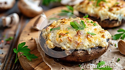 Stuffed portobello mushrooms with melted cheese and herbs Stock Photo