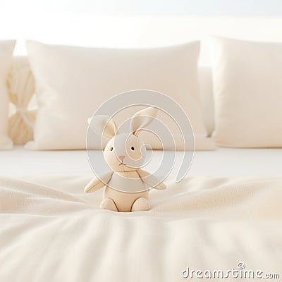 A stuffed rabbit on a bed in front of pillows, AI Stock Photo