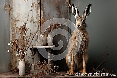 A stuffed rabbit sitting on top of a wooden table. AI. Stock Photo