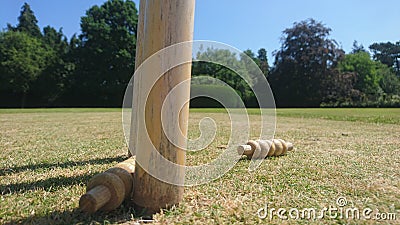 Cricket bails removed from a set of stumps Stock Photo