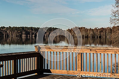 Stumpy Lake in Fall from Fishing Pier Stock Photo