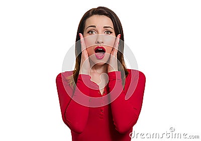 Stunned woman in red long sleeve open mouth in awe looking isolated Stock Photo