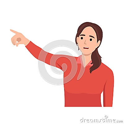 Stunned young woman point to side shocked with view or element. Amazed girl show with finger surprised or terrified with vision Vector Illustration
