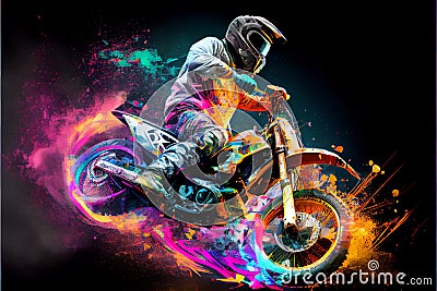 Motocross motorbike rider, dirt bike in space colorful and vibrant Stock Photo