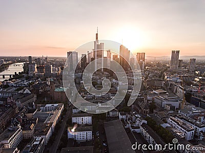 Stunning Aerial Drone View of Frankfurt am Main, Germany Skyline in Pretty Sunlight Stock Photo