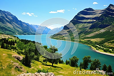 A stunning aerial shot capturing a large body of water nestled amidst a breathtaking expanse of mountains, Waterton Lakes National Stock Photo