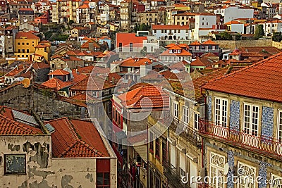 Stunning aerial view of traditional historic buildings in Porto. Vintage houses with red tile roofs. Stock Photo