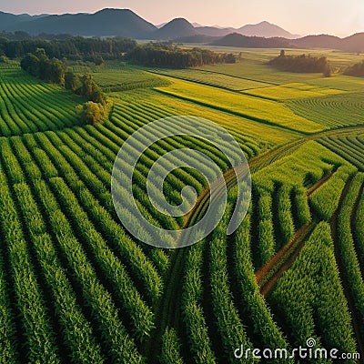 Lush Green Cornfields with Rolling Mountains Stock Photo