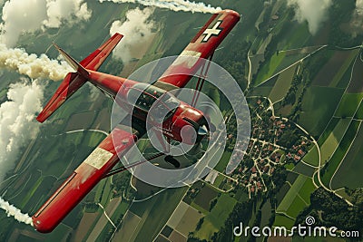 Red stunt plane flying over patchwork fields Stock Photo