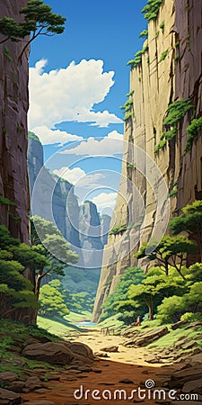 Anime-inspired Landscape Art: Majestic Mountains And Enchanting Path Cartoon Illustration