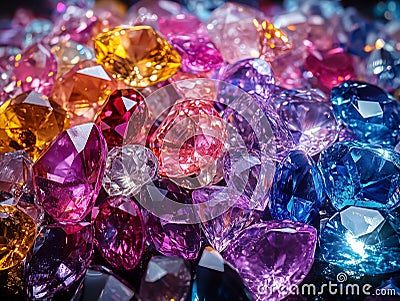 A stunning array of brilliantly cut diamonds and other gems. Saturated, shiny and expensive jewelry. Macro shot . Generative Ai Stock Photo
