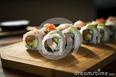 A stunning array of sushi rolls featuring a variety of fillings such as salmon, avocado, and crab. (Generative AI) Stock Photo
