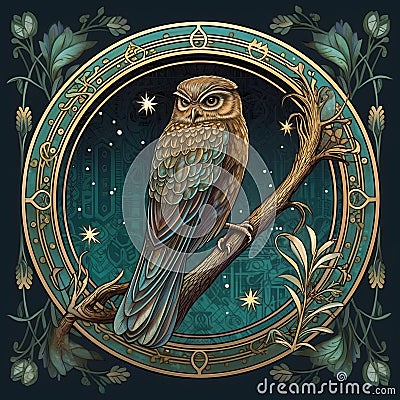 Intricate Art Nouveau Owl On Branch With Stars - 2d Game Art Cartoon Illustration