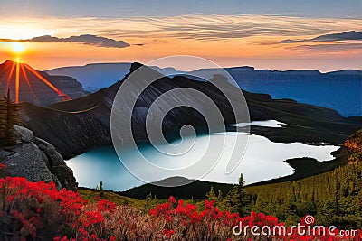 A mountain landscape with a rocky outcrop covered in flowers and a deep blue lake. Generative AI Stock Photo