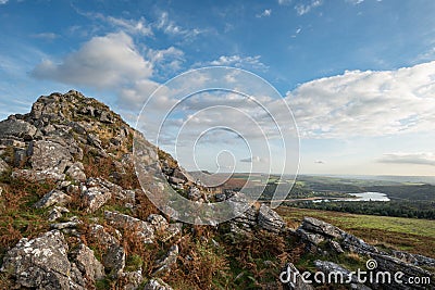 Stunning Autumn sunset landscape image of view from Leather Tor Stock Photo